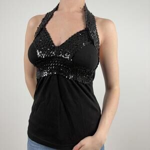 Women's Sequin Black Halter Top